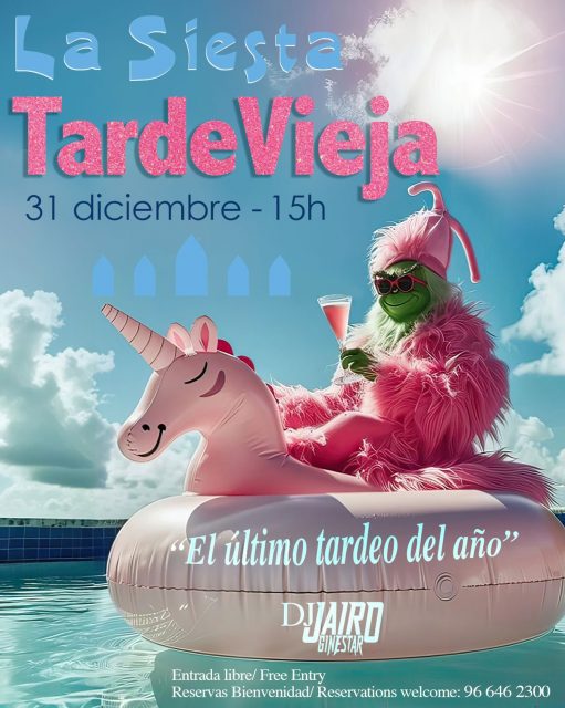 🍾 Despide el año como se merece… en La Siesta 🍾✨

En La Siesta decimos adiós a 2025 a lo grande 🎉 con el último tardeo del año que promete ser 🔥🔥

📅 31 de diciembre – TARDEVIEJA
🕒 Desde las 15h

🎧 DJ invitado Jairo Ginestar + DJ residente Infinity
🎶 Música non stop para que la fiesta no pare

🍇 Uvas adelantadas para atraer la suerte en 2026
🎉 Cotillón
🍾 Ostras con Champagne, gambas rojas…
✨ Y muchas sorpresas más

💥 Entrada libre
📞 Reservas: 96 646 2300

Dale a ❤️, comparte y ven con los tuyos…
¡Esta Tardevieja se vive en La Siesta!

#TardeviejaLaSiesta #Despedimos2025 #LaSiesta ÚltimoTardeoDelAño 🎶🍾