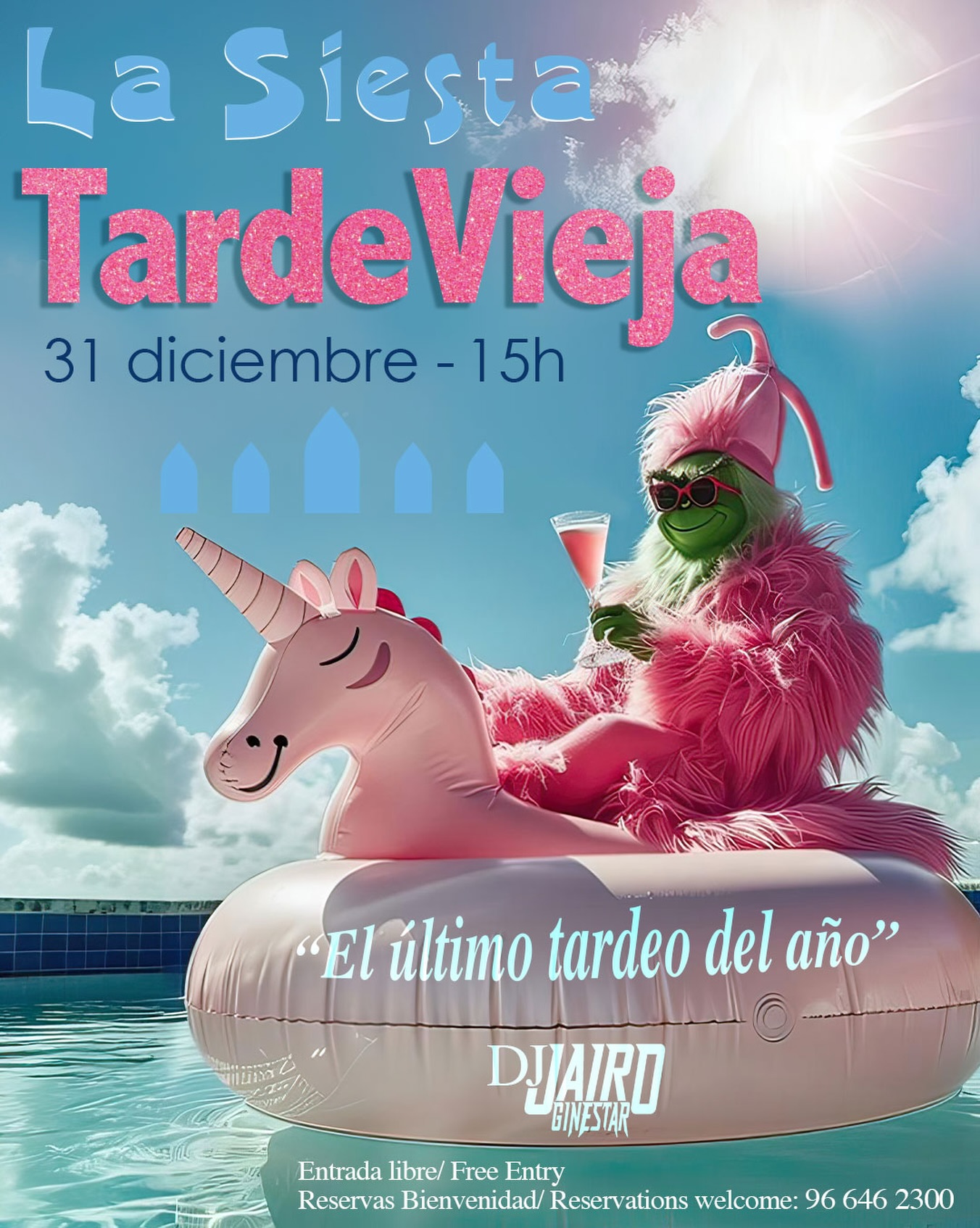 🍾 Despide el año como se merece… en La Siesta 🍾✨

En La Siesta decimos adiós a 2025 a lo grande 🎉 con el último tardeo del año que promete ser 🔥🔥

📅 31 de diciembre – TARDEVIEJA
🕒 Desde las 15h

🎧 DJ invitado Jairo Ginestar + DJ residente Infinity
🎶 Música non stop para que la fiesta no pare

🍇 Uvas adelantadas para atraer la suerte en 2026
🎉 Cotillón
🍾 Ostras con Champagne, gambas rojas…
✨ Y muchas sorpresas más

💥 Entrada libre
📞 Reservas: 96 646 2300

Dale a ❤️, comparte y ven con los tuyos…
¡Esta Tardevieja se vive en La Siesta!

#TardeviejaLaSiesta #Despedimos2025 #LaSiesta ÚltimoTardeoDelAño 🎶🍾